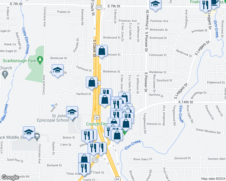 map of restaurants, bars, coffee shops, grocery stores, and more near 1358 South Bowie Drive in Abilene