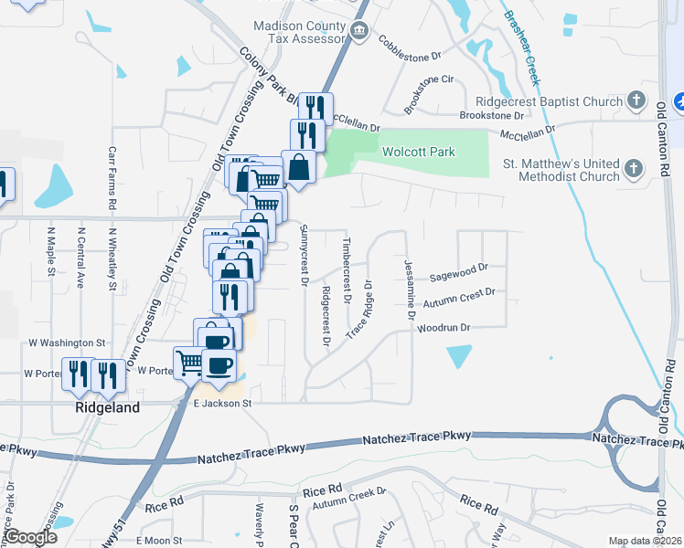 map of restaurants, bars, coffee shops, grocery stores, and more near 123 Timbercrest Drive in Ridgeland