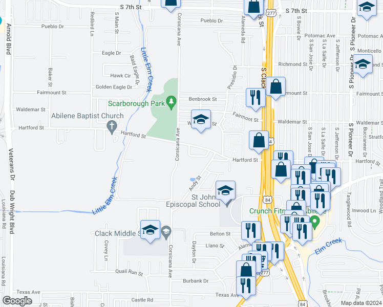 map of restaurants, bars, coffee shops, grocery stores, and more near 14 Reagan Circle in Abilene
