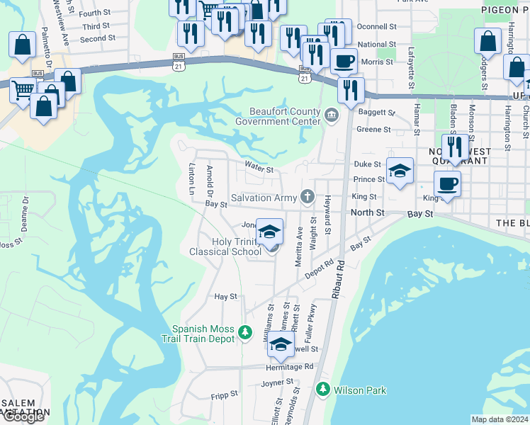 map of restaurants, bars, coffee shops, grocery stores, and more near 2710 North Street in Beaufort