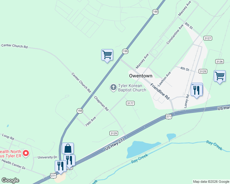 map of restaurants, bars, coffee shops, grocery stores, and more near 11858 State Highway 155 in Tyler