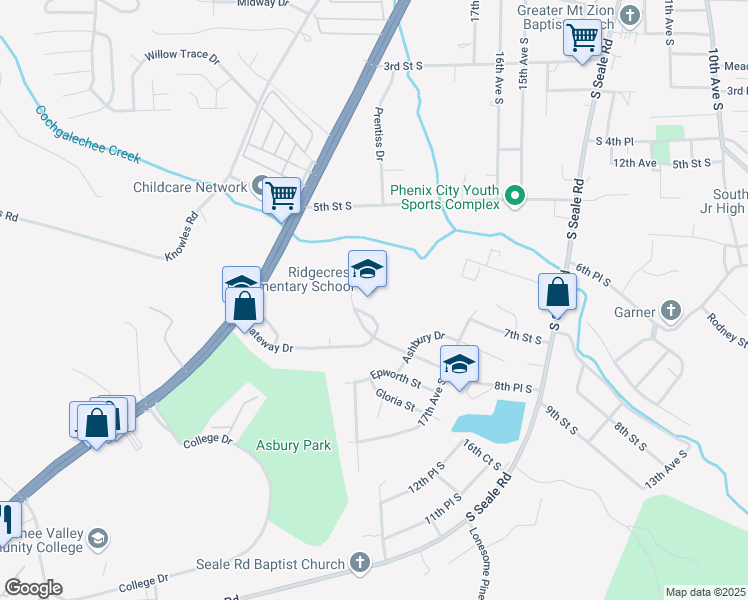 map of restaurants, bars, coffee shops, grocery stores, and more near 1806 8th Place South in Phenix City
