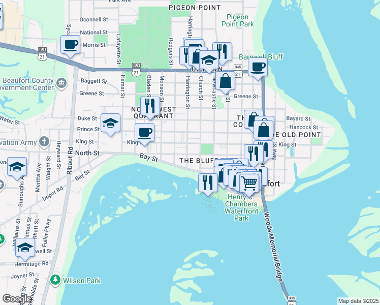 map of restaurants, bars, coffee shops, grocery stores, and more near 1211 King Street in Beaufort