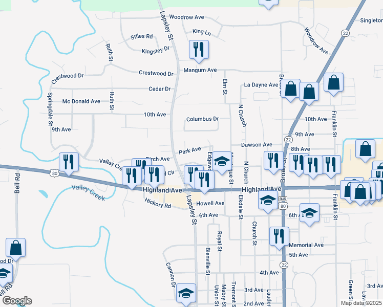 map of restaurants, bars, coffee shops, grocery stores, and more near 619 Park Avenue in Selma