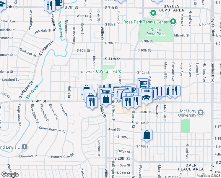 map of restaurants, bars, coffee shops, grocery stores, and more near 3282 South 13th Street in Abilene
