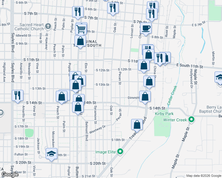 map of restaurants, bars, coffee shops, grocery stores, and more near 1309 Oak Street in Abilene