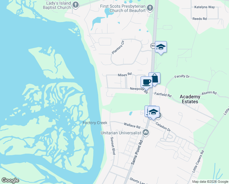 map of restaurants, bars, coffee shops, grocery stores, and more near 42 Newpoint Road in Beaufort