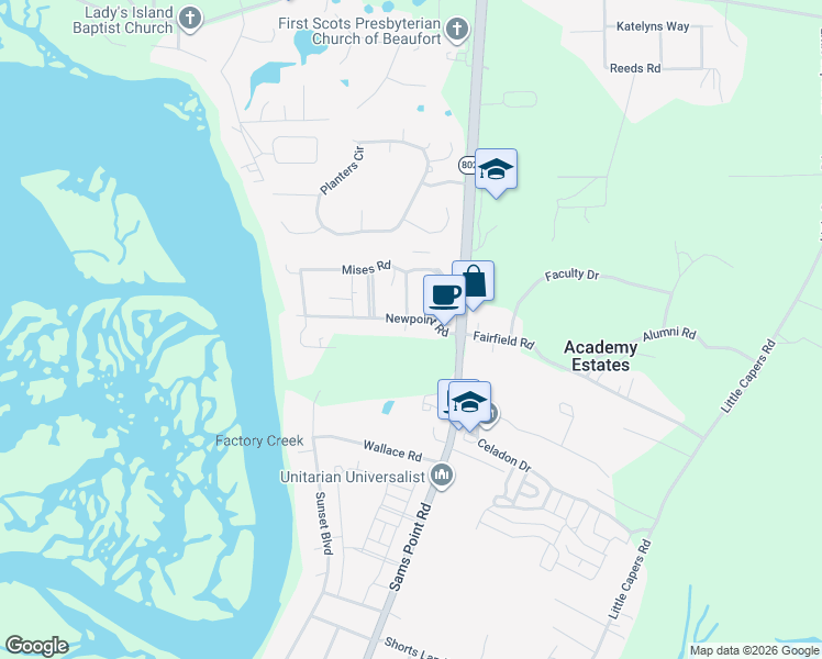 map of restaurants, bars, coffee shops, grocery stores, and more near 3 Fraser Street in Beaufort
