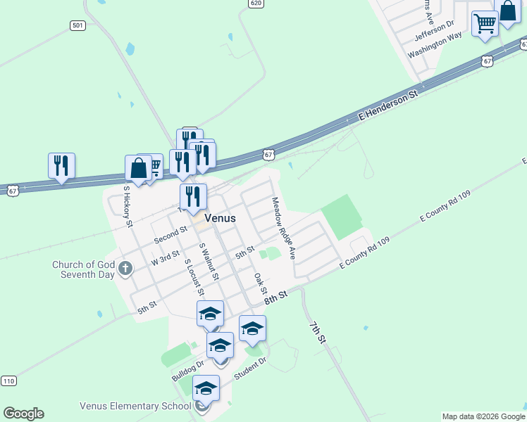 map of restaurants, bars, coffee shops, grocery stores, and more near 313 Newfield Street in Venus