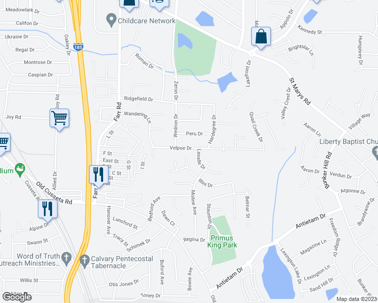 map of restaurants, bars, coffee shops, grocery stores, and more near 4502 Velpoe Drive in Columbus