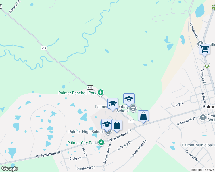 map of restaurants, bars, coffee shops, grocery stores, and more near 209-361 Farm to Market Road 813 in Palmer