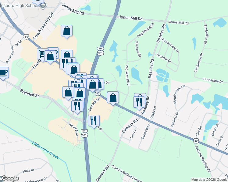 map of restaurants, bars, coffee shops, grocery stores, and more near 204 Bel-Air Drive in Statesboro