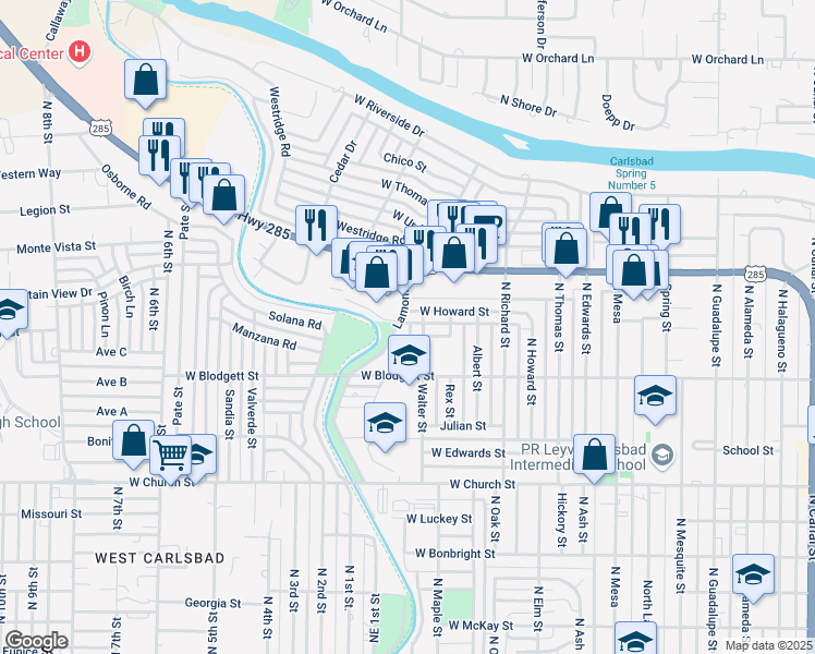 map of restaurants, bars, coffee shops, grocery stores, and more near 1479 West Pierce Street in Carlsbad