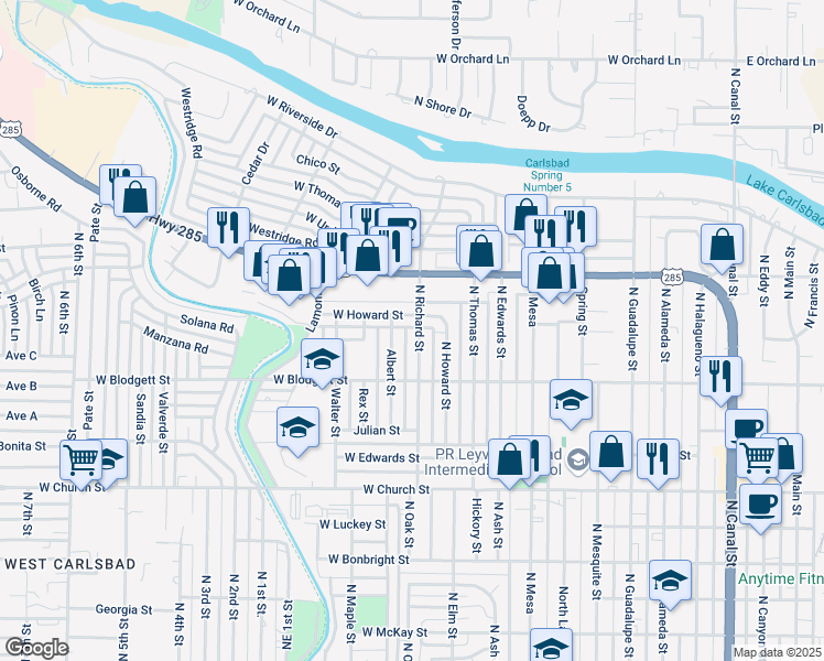 map of restaurants, bars, coffee shops, grocery stores, and more near 1030-1098 N Richard St in Carlsbad