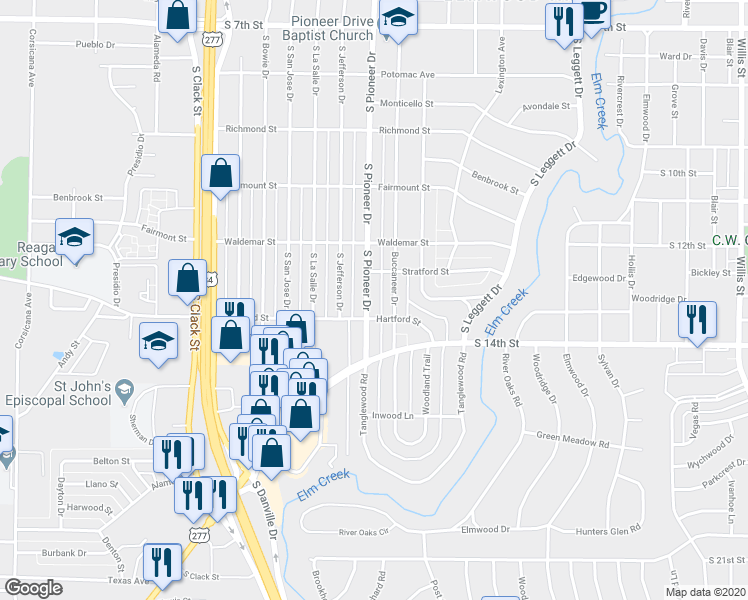 map of restaurants, bars, coffee shops, grocery stores, and more near 1349 South Pioneer Drive in Abilene