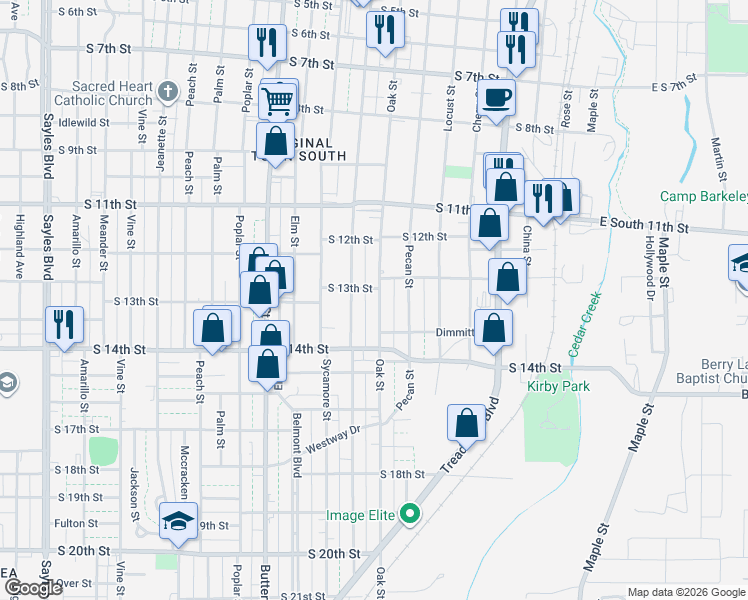 map of restaurants, bars, coffee shops, grocery stores, and more near 1309 Oak Street in Abilene