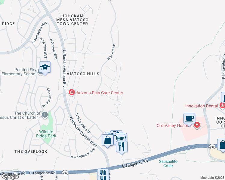 map of restaurants, bars, coffee shops, grocery stores, and more near East Romsdalen Road in Oro Valley