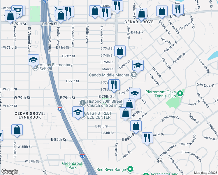 map of restaurants, bars, coffee shops, grocery stores, and more near 555 East 77th Street in Shreveport