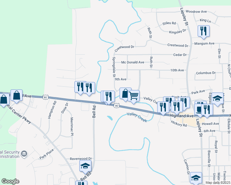 map of restaurants, bars, coffee shops, grocery stores, and more near Valley Creek in Selma