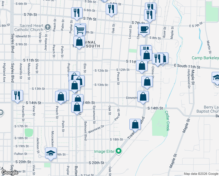 map of restaurants, bars, coffee shops, grocery stores, and more near 1309 Oak Street in Abilene