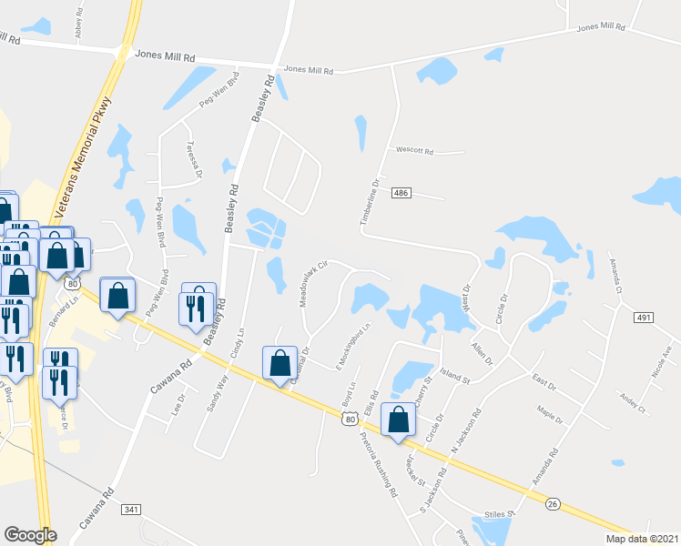 map of restaurants, bars, coffee shops, grocery stores, and more near 326 Meadowlark Circle in Statesboro