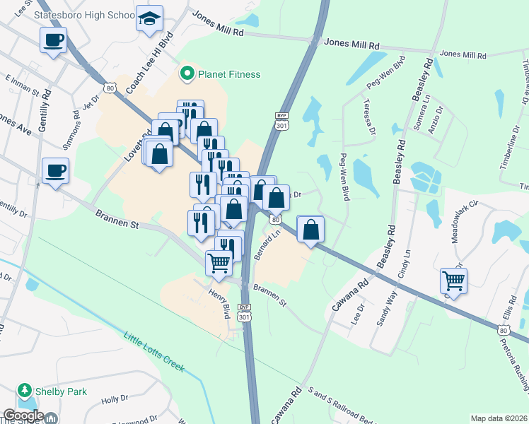 map of restaurants, bars, coffee shops, grocery stores, and more near 670 Northside Drive East in Statesboro