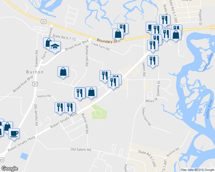 map of restaurants, bars, coffee shops, grocery stores, and more near 122 Robert Smalls Parkway in Beaufort
