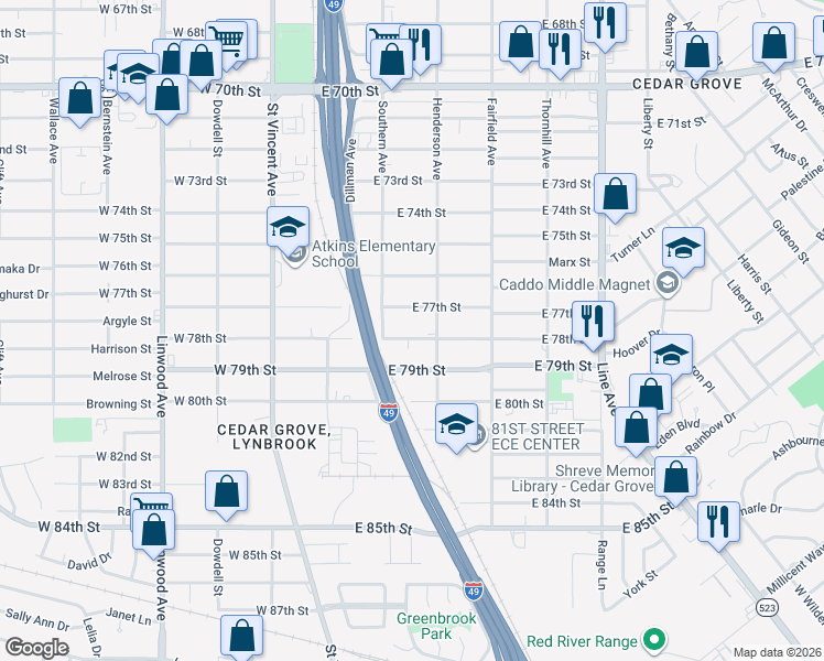 map of restaurants, bars, coffee shops, grocery stores, and more near 271 East 77th Street in Shreveport