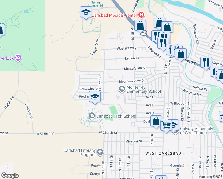 map of restaurants, bars, coffee shops, grocery stores, and more near 2709 Mountain View Drive in Carlsbad