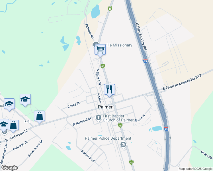 map of restaurants, bars, coffee shops, grocery stores, and more near 102 East Paris Street in Palmer