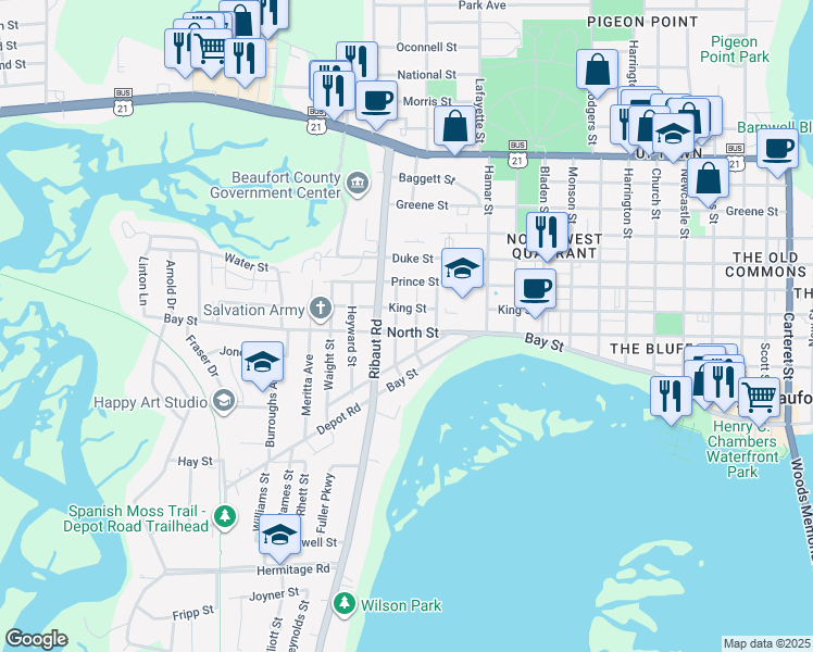 map of restaurants, bars, coffee shops, grocery stores, and more near 506 Glebe Street in Beaufort