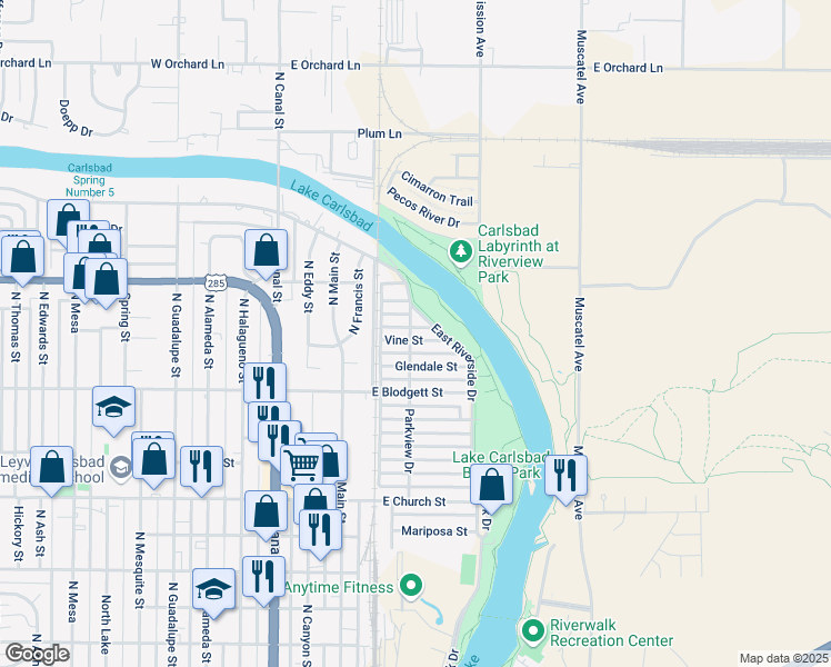map of restaurants, bars, coffee shops, grocery stores, and more near 432-496 E Riverside Dr in Carlsbad