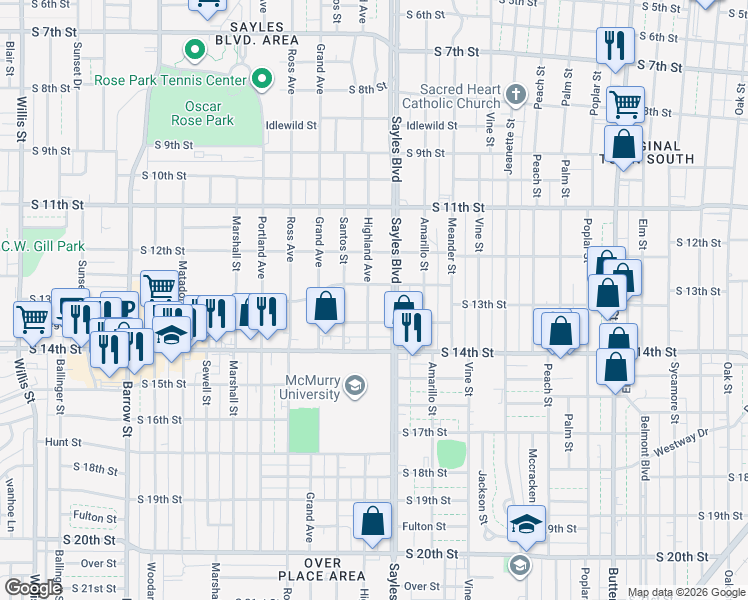 map of restaurants, bars, coffee shops, grocery stores, and more near 1302 Sayles Boulevard in Abilene