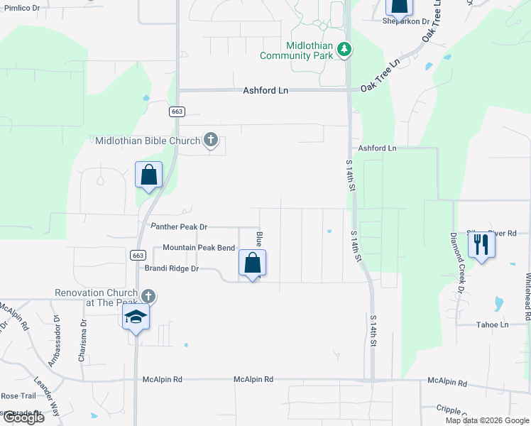 map of restaurants, bars, coffee shops, grocery stores, and more near 445 Rusty Run Drive in Midlothian