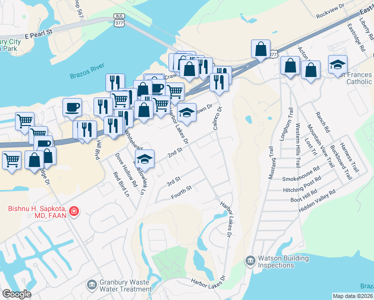 map of restaurants, bars, coffee shops, grocery stores, and more near 900 Harbor Lakes Drive in Granbury