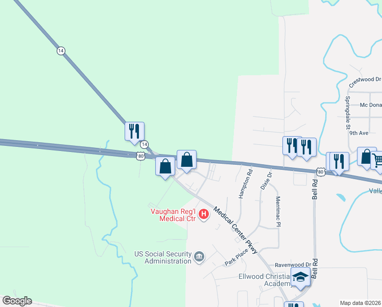 map of restaurants, bars, coffee shops, grocery stores, and more near 1921 West Highland Avenue in Selma