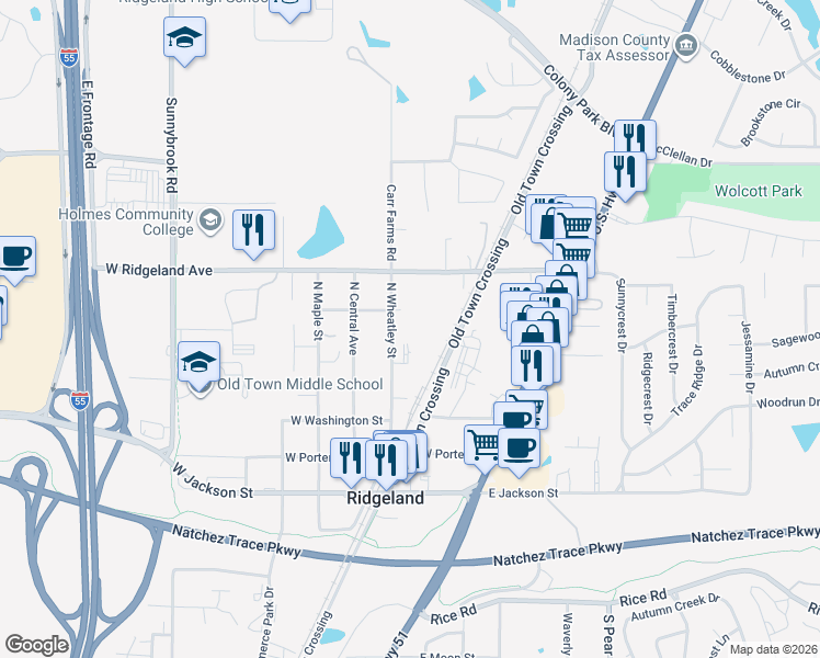 map of restaurants, bars, coffee shops, grocery stores, and more near 238 North Wheatley Street in Ridgeland