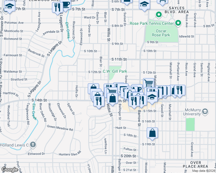 map of restaurants, bars, coffee shops, grocery stores, and more near 1290 Willis Street in Abilene