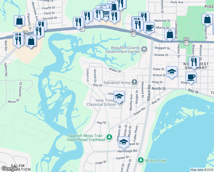 map of restaurants, bars, coffee shops, grocery stores, and more near 503 Tidal Street in Beaufort
