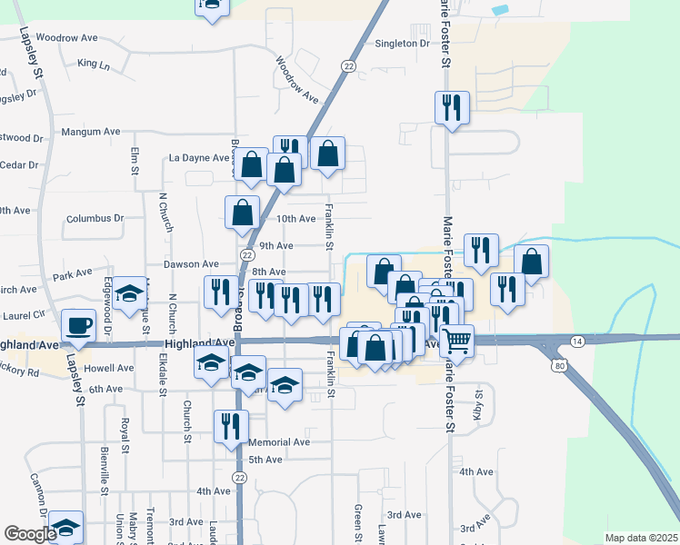 map of restaurants, bars, coffee shops, grocery stores, and more near 2500 Franklin Street in Selma