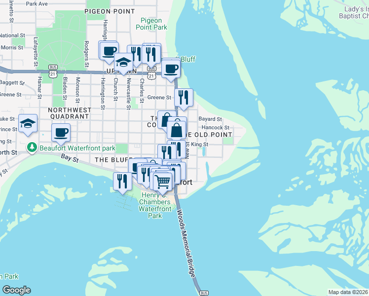map of restaurants, bars, coffee shops, grocery stores, and more near 601 New Street in Beaufort