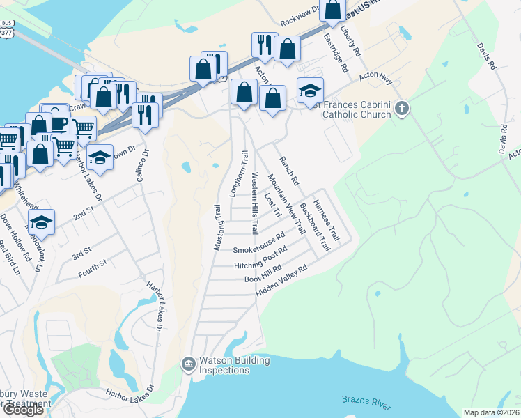 map of restaurants, bars, coffee shops, grocery stores, and more near 604 Lost Trail in Granbury