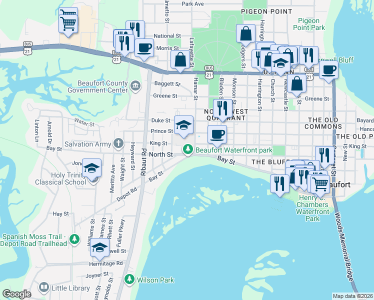 map of restaurants, bars, coffee shops, grocery stores, and more near 511 Hamar Street in Beaufort