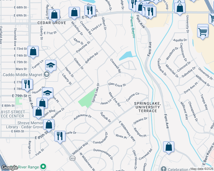 map of restaurants, bars, coffee shops, grocery stores, and more near 573 Spring Lake Drive in Shreveport