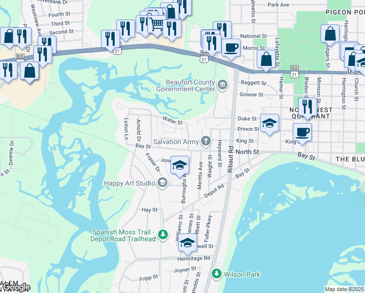 map of restaurants, bars, coffee shops, grocery stores, and more near 2710 Oaklawn Street in Beaufort