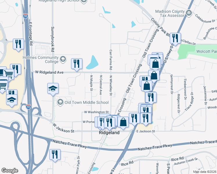 map of restaurants, bars, coffee shops, grocery stores, and more near 238 N Wheatley St in Ridgeland