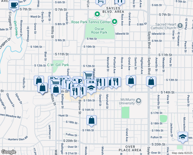 map of restaurants, bars, coffee shops, grocery stores, and more near 2826 South 13th Street in Abilene