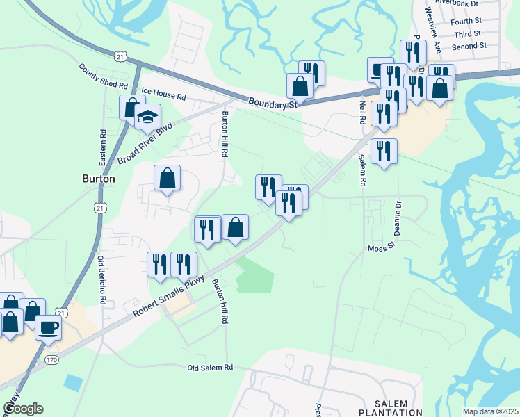 map of restaurants, bars, coffee shops, grocery stores, and more near 122 Robert Smalls Pkwy in Beaufort
