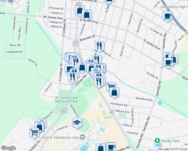 map of restaurants, bars, coffee shops, grocery stores, and more near 502 Fair Road in Statesboro