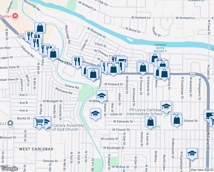 map of restaurants, bars, coffee shops, grocery stores, and more near 1408 West Howard Street in Carlsbad